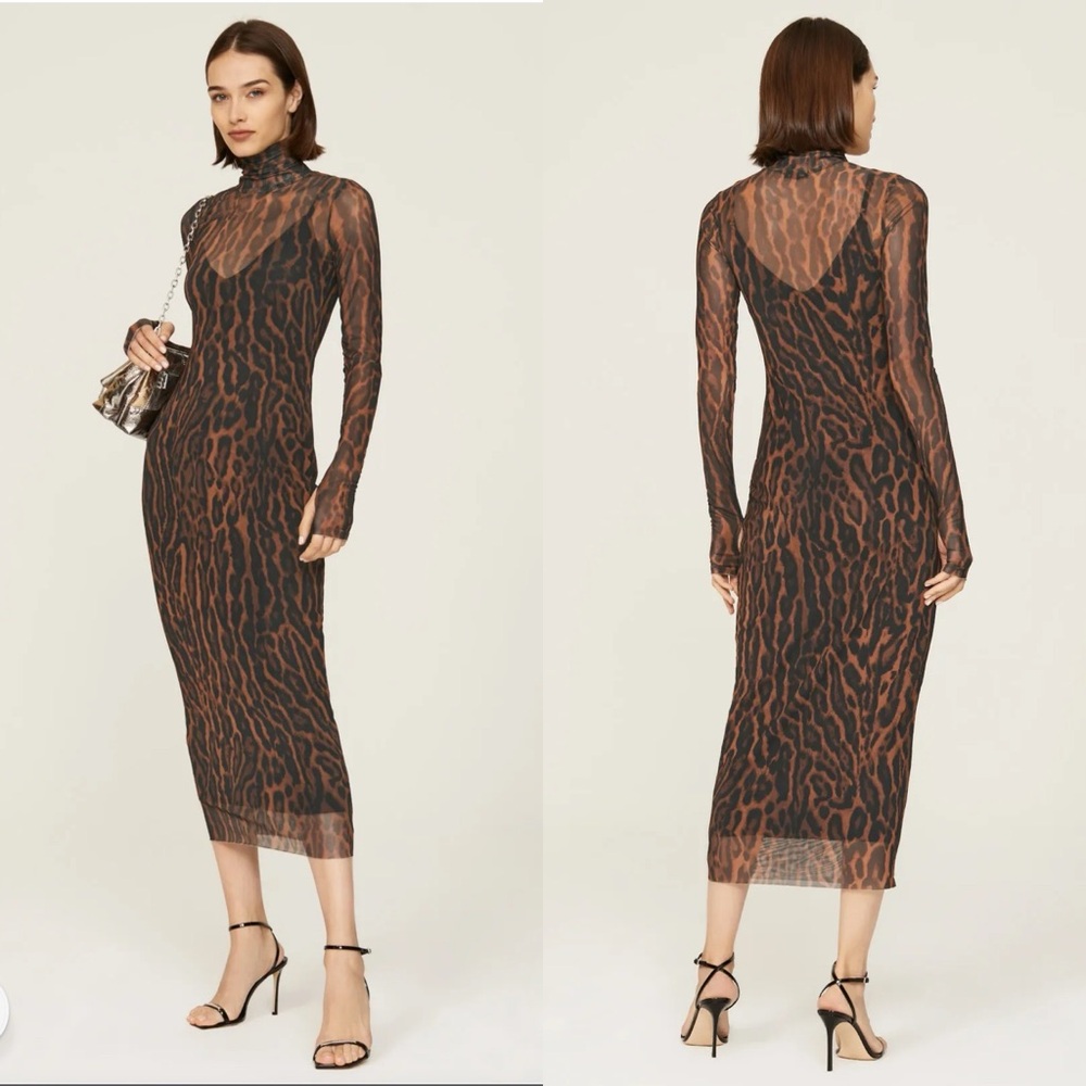 AFRM Shailene Mesh Sheer Midi Dress M Leopard Turtleneck Thumbhole